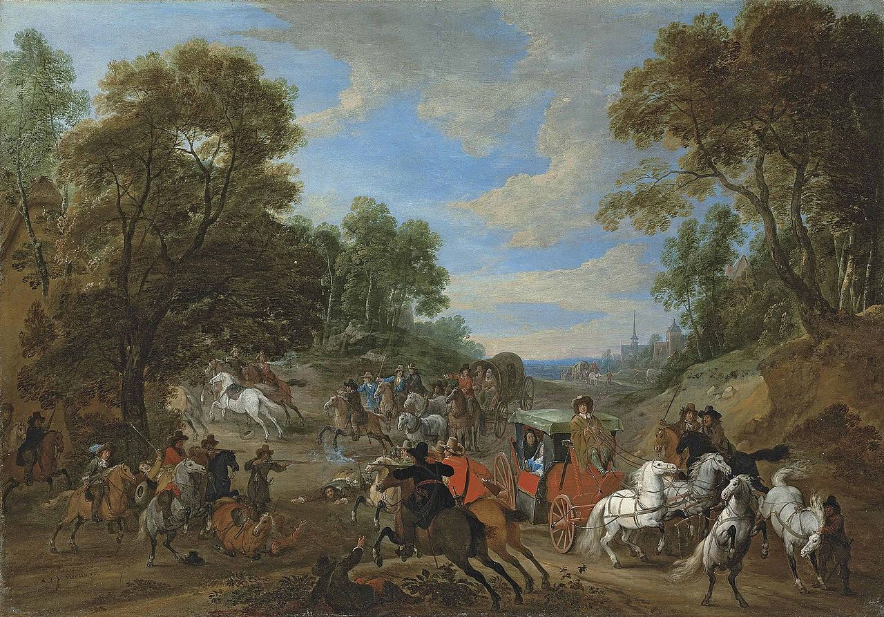 A wooded landscape with a coach being ambushed in a clearing, vintage artwork by Adam Frans van der Meulen, 12x8" (A4) Poster