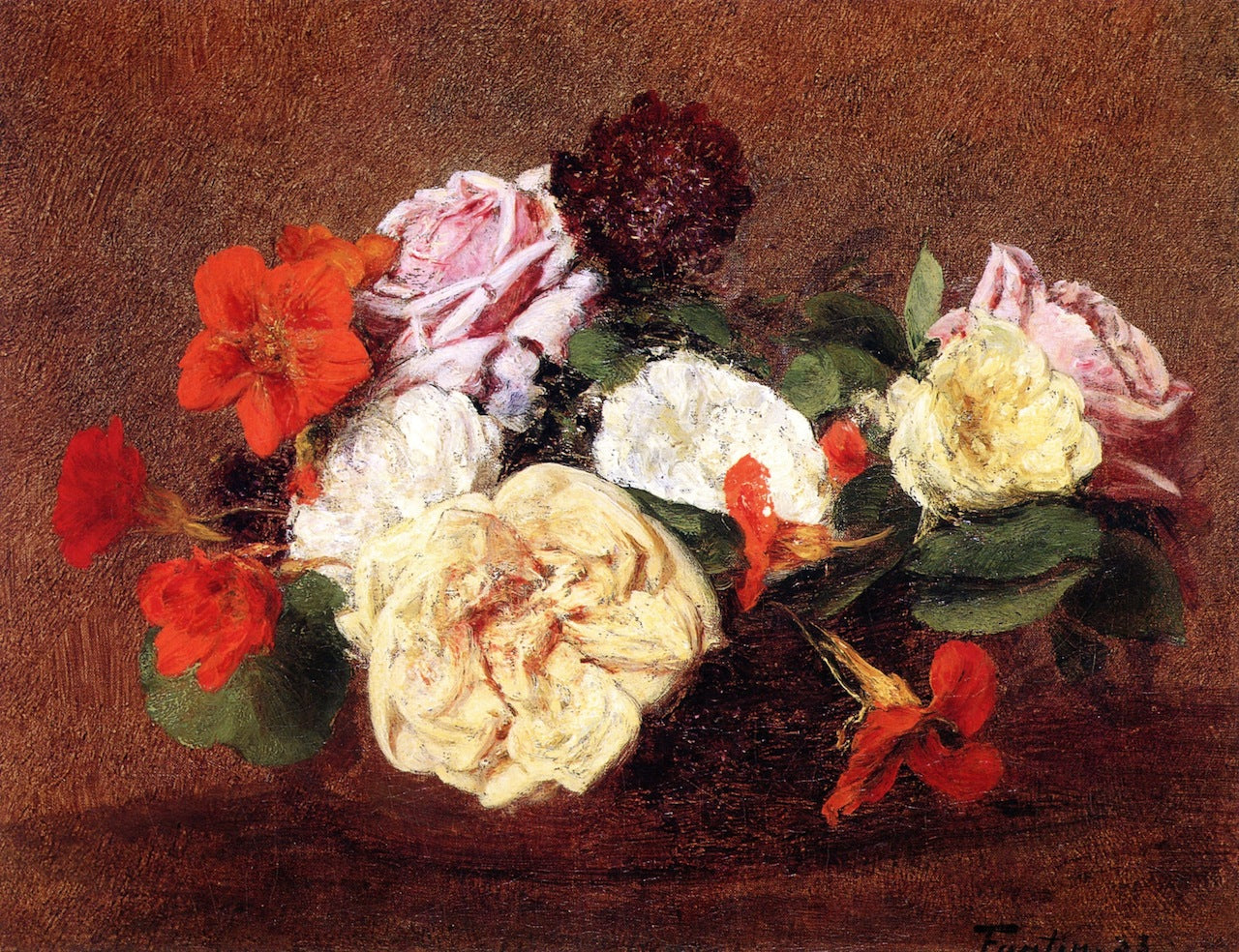 Bouquet of Roses and Nasturtiums, vintage artwork by Henri Fantin-Latour, 12x8" (A4) Poster
