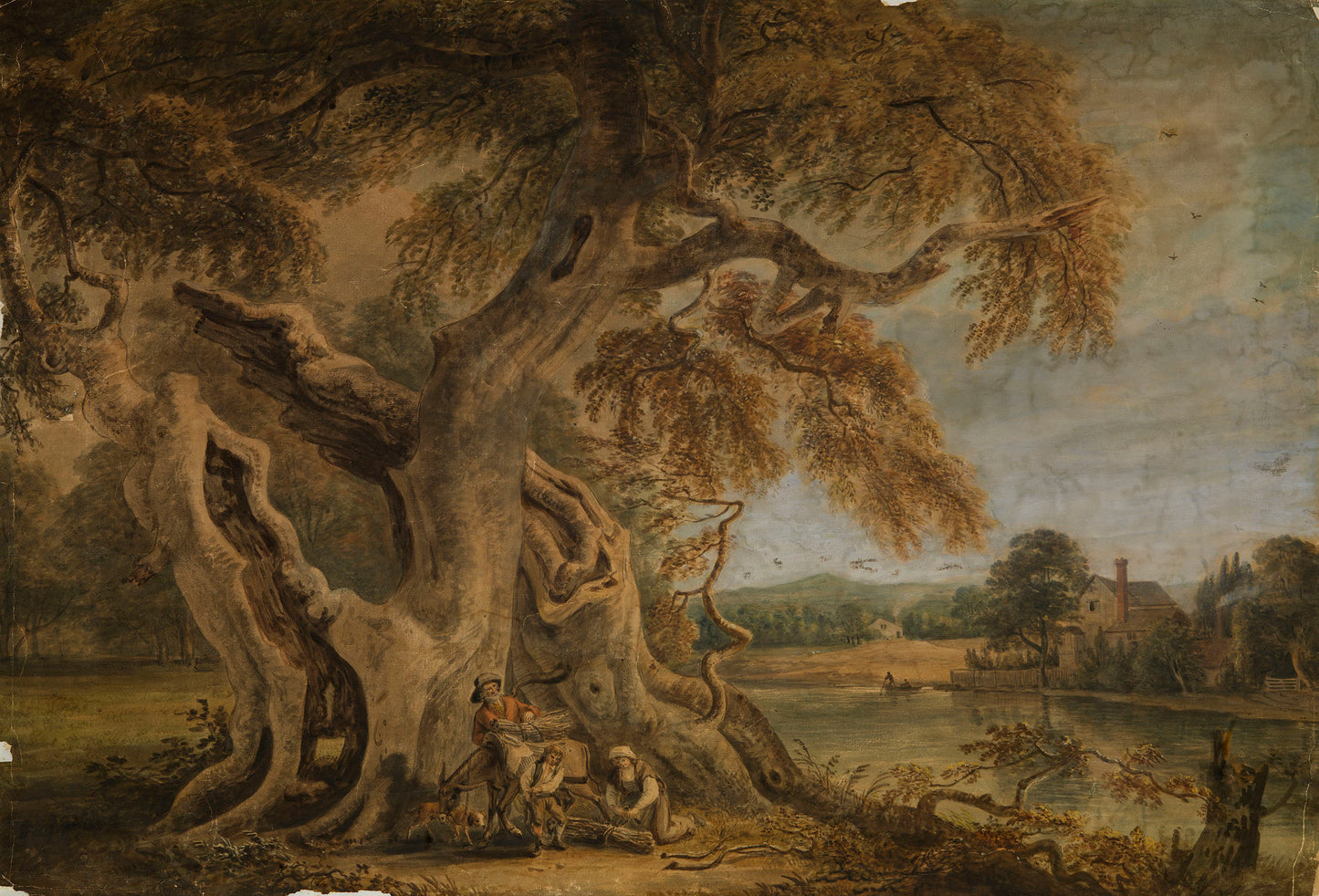 Landscape with an Old Beech Tree on a River Bank, vintage artwork by Paul Sandby , R.A., 12x8" (A4) Poster