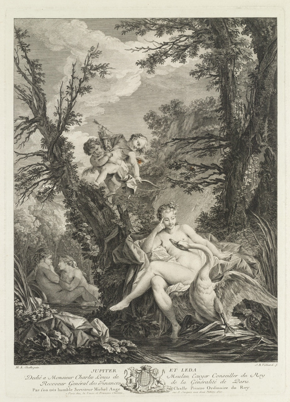 Leda en Jupiter in de gedaante van een zwaan, vintage artwork by Charles-Michel-Ange Challe, 12x8" (A4) Poster