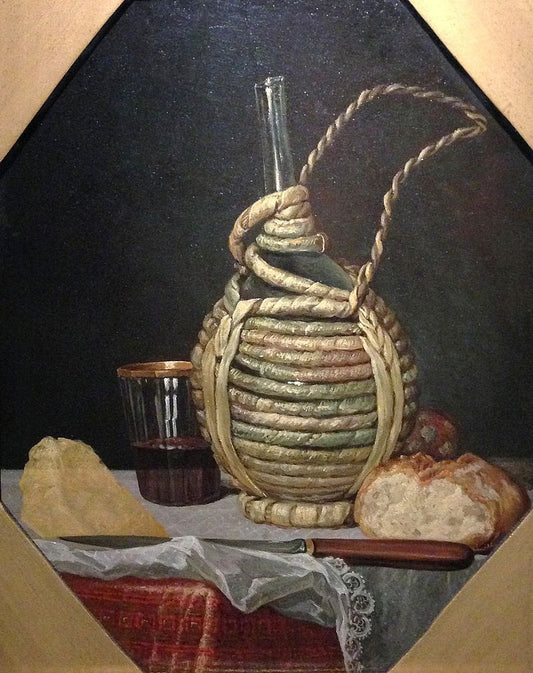 Natura morta con fiasco, bicchiere e pane, vintage artwork by Cesare Dandini, 12x8" (A4) Poster