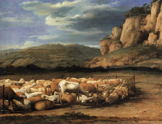 Flock of Sheep in the Campagna, vintage artwork by Claude Lorrain, 12x8" (A4) Poster
