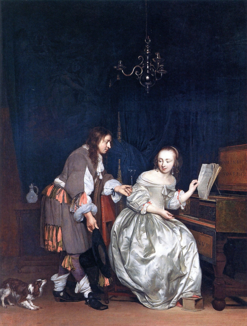 A Woman at the Virginal and a Man Offering Her a Drink, vintage artwork by Gabriël Metsu, 12x8" (A4) Poster