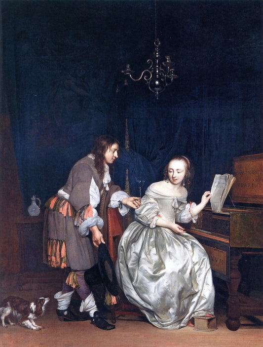A Woman at the Virginal and a Man Offering Her a Drink, vintage artwork by Gabriël Metsu, 12x8" (A4) Poster