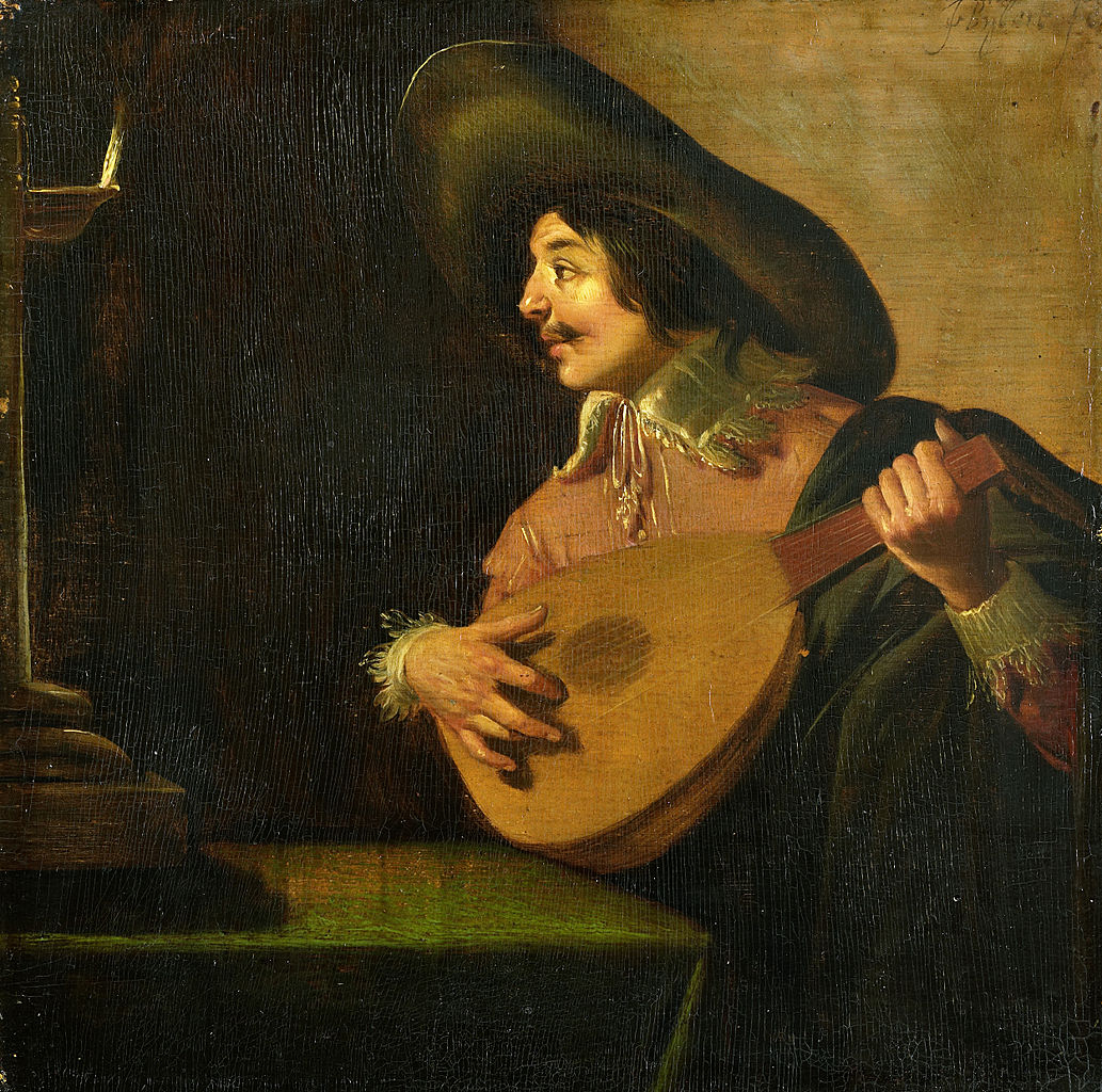 Man with Lute Sitting at a Table with an Oil Lamp, vintage artwork by Jan van Bijlert, 12x8" (A4) Poster