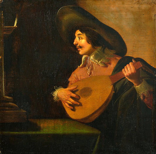 Man with Lute Sitting at a Table with an Oil Lamp, vintage artwork by Jan van Bijlert, 12x8" (A4) Poster