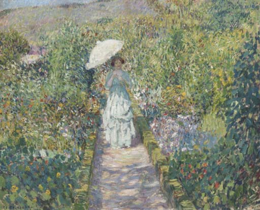 Garden Path with Young Woman, vintage artwork by Frederick Carl Frieseke, 12x8" (A4) Poster