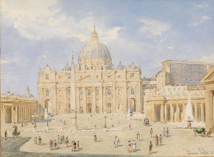 St Peter's and Piazza, Rome, vintage artwork by Franz von Alt, A3 (16x12