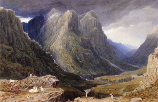 Goats on a Rocky Outcrop above a Highland Glen, vintage artwork by George Fennel Robson, 12x8" (A4) Poster