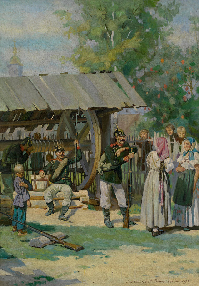 Soldiers Resting by  the Well, vintage artwork by Nikolai Dmitriev-Orenburgsky, 12x8" (A4) Poster