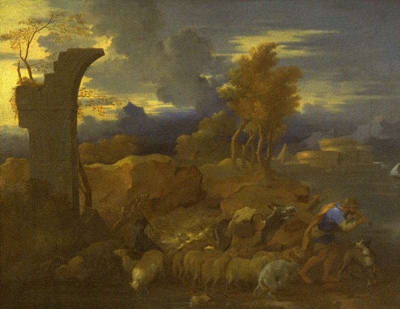 Landscape with Shepherd Leading His Flock, vintage artwork by Sebastien Bourdon, 12x8" (A4) Poster