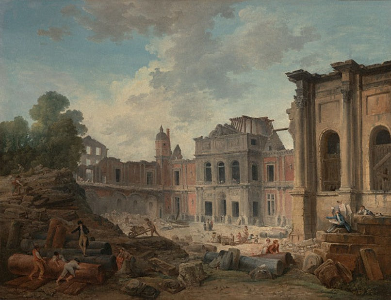 Demolition of the Chateau of Meudon, vintage artwork by Hubert Robert, 12x8" (A4) Poster