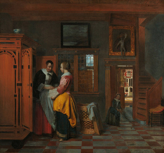 Interior with Women beside a Linen Cupboard, vintage artwork by Pieter de Hooch, 12x8" (A4) Poster