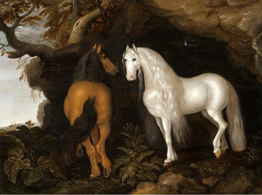 Two Horses Standing in a Wooded Landscape, before a Cave, vintage artwork by Abraham Bosschaert, 12x8" (A4) Poster