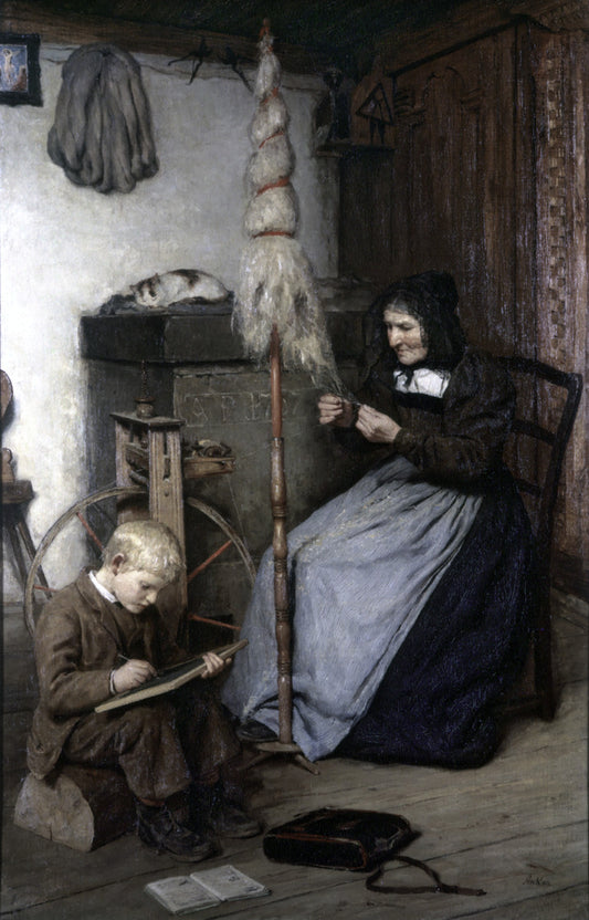 Grandmother at a Spinning Wheel, vintage artwork by Albert Anker, 12x8" (A4) Poster
