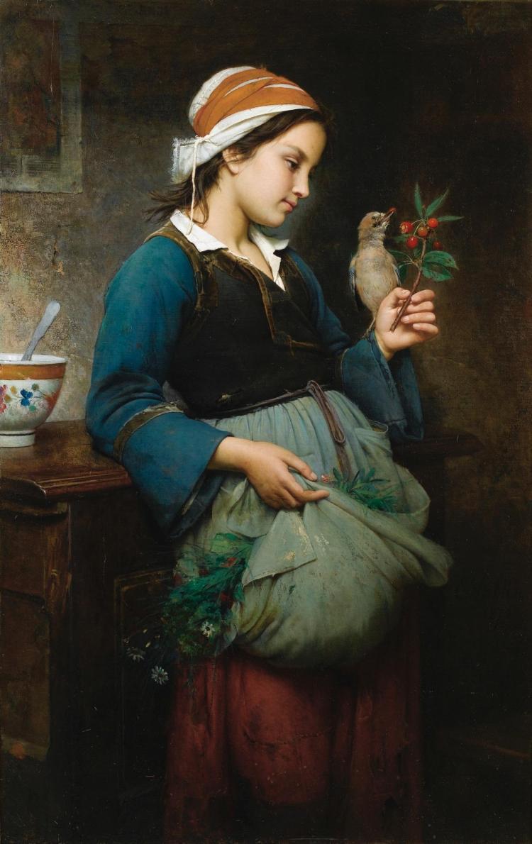 Young with a Bird, vintage artwork by Emile Auguste Hublin, 12x8" (A4) Poster