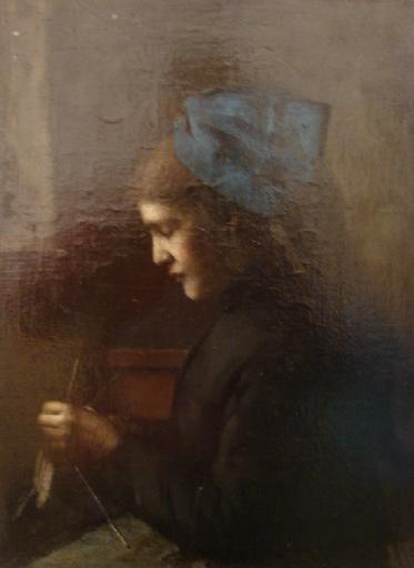 An Alsatian with Blue Headscarfe Stitching, vintage artwork by Jean-Jacques Henner, 12x8" (A4) Poster