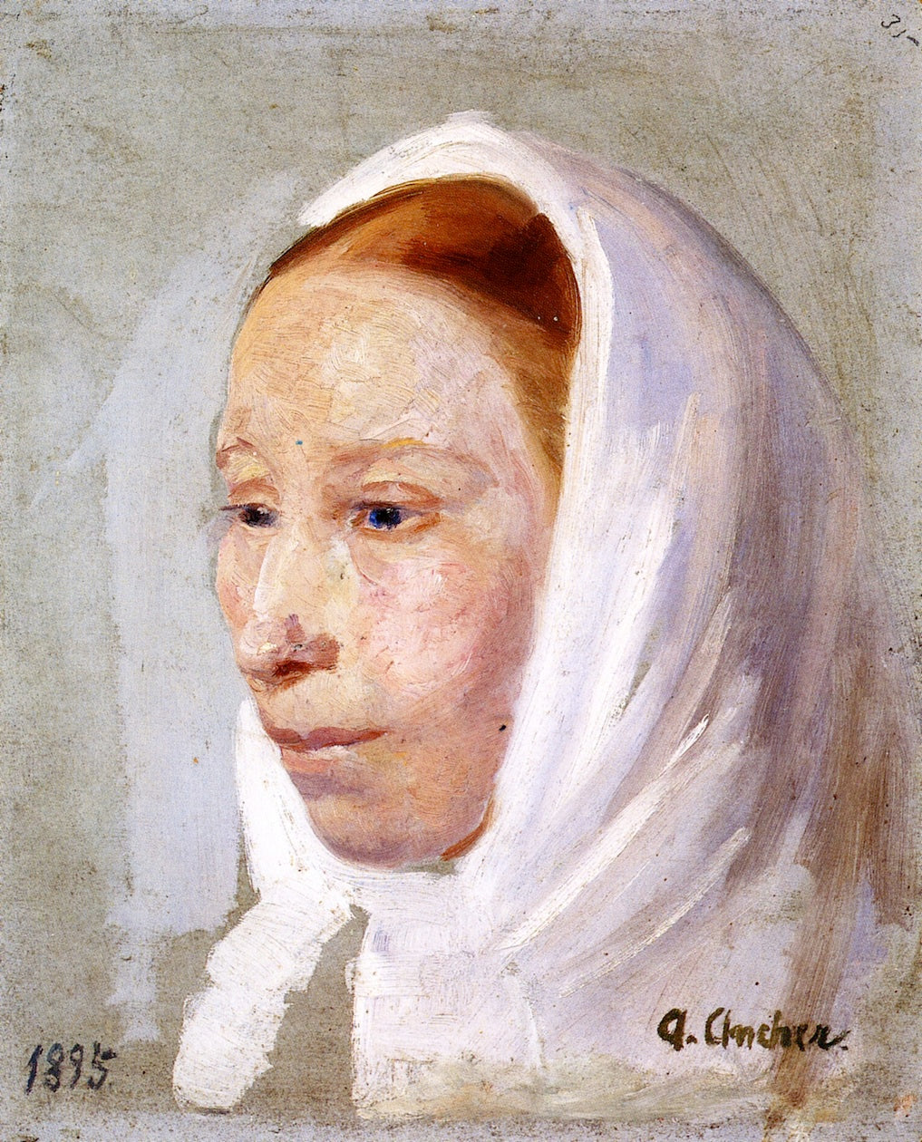 Young Woman with White Headscarf, vintage artwork by Anna Ancher, 12x8" (A4) Poster