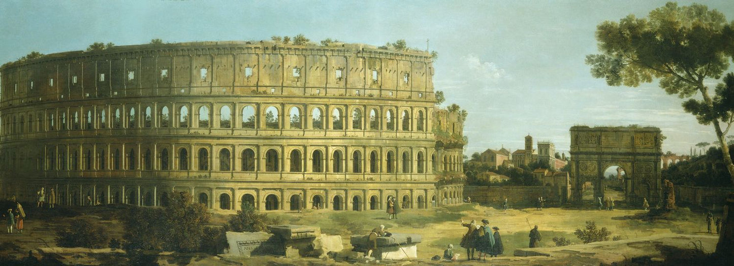 Rome:  View of the Colosseum and the Arch of Constantine, vintage artwork by Canaletto, 12x8" (A4) Poster