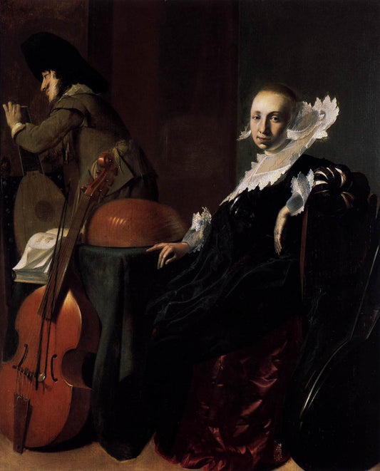A Gentleman and a Lady with Musical Instruments, vintage artwork by Willem Duyster, 12x8" (A4) Poster