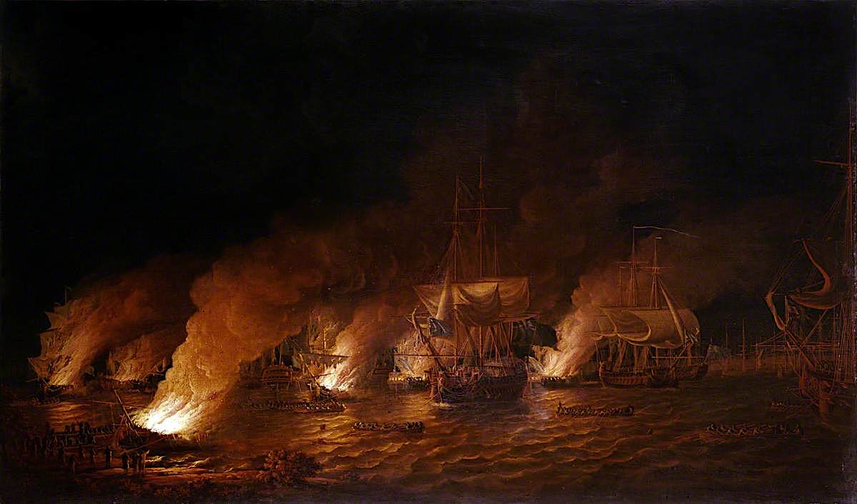 French Fire-Ships Attacking the English Fleet off Quebec, 28 June 1759, vintage artwork by Dominic Serres, 12x8" (A4) Poster