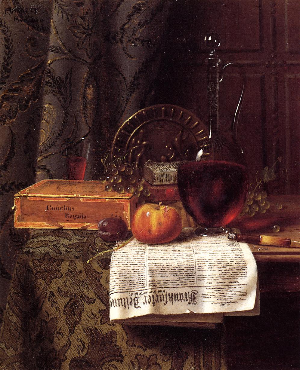 Still Life with Decanter and Frankfurter Zeitung, vintage artwork by William Michael Harnett, 12x8" (A4) Poster