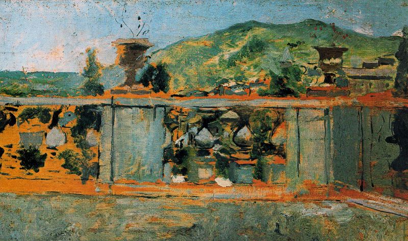 Balustrade And Landscape, vintage artwork by Ignacio Pinazo Camarlench, 12x8" (A4) Poster