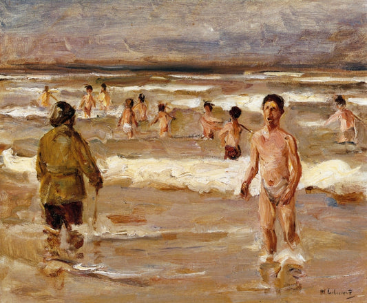 Children Bathing in the Sea, vintage artwork by Max Liebermann, 12x8" (A4) Poster