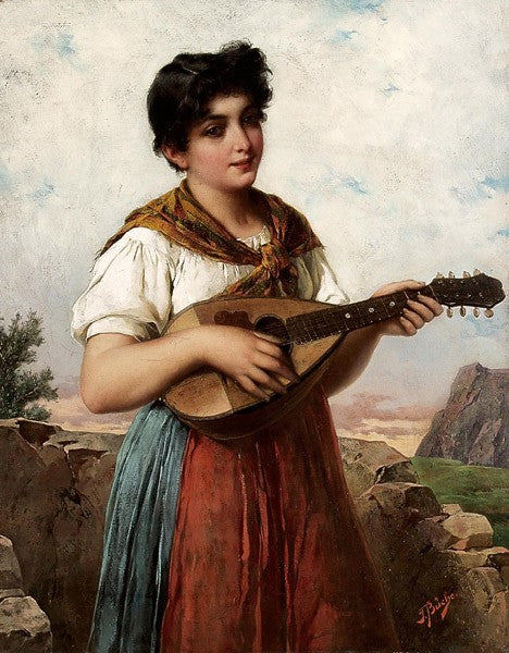 Woman with Mandolin, vintage artwork by Josef Buche, 12x8" (A4) Poster