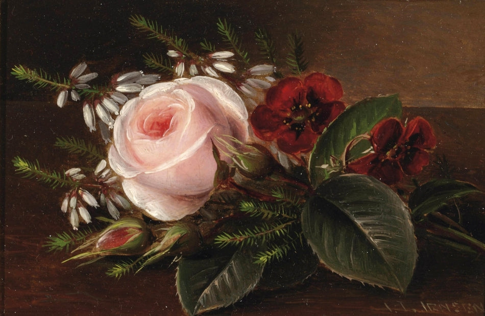 Pink rose and other flowers, vintage artwork by Johan Laurentz (J.L.) Jensen, A3 (16x12") Poster Print
