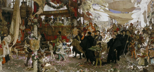 The Baptismal Procession of Prince Juan, Son of the Catholic Kings, through the Streets of Sevile, vintage artwork by Francisco Pradilla y Ortiz, 12x8" (A4) Poster