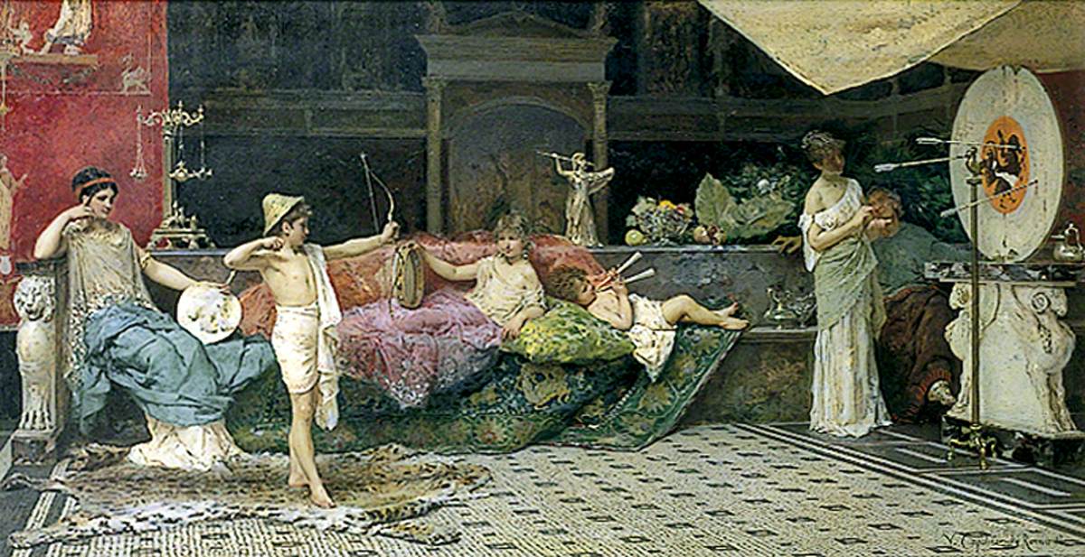 Roman Children at Indoor Archery, vintage artwork by Vincente Capobianchi, 12x8" (A4) Poster