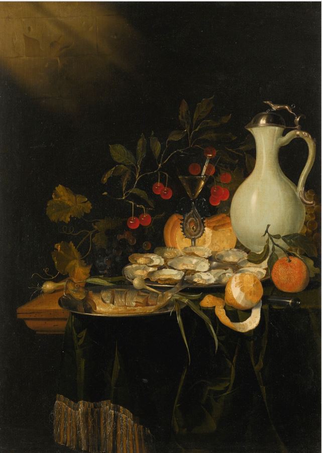 Still Life of Oysters and Fish, a Peeled Lemon, Cherries and a Jug, vintage artwork by Harmen Loeding, 12x8" (A4) Poster