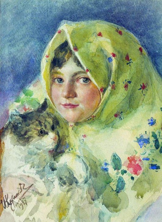 Tanya with Cat, vintage artwork by Ivan Kulikov, 12x8" (A4) Poster