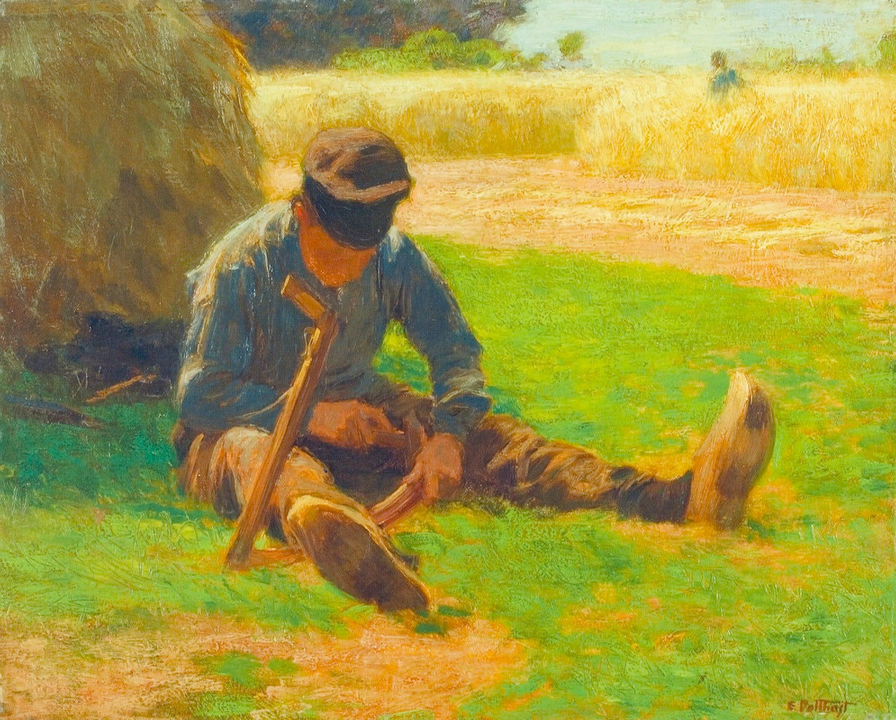 Boy Sharpening a Sickle, vintage artwork by Edward Henry Potthast, 12x8" (A4) Poster