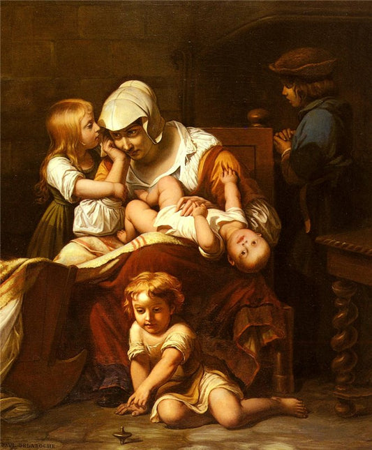 Young Mother and Her Children, vintage artwork by Paul Delaroche, A3 (16x12") Poster Print