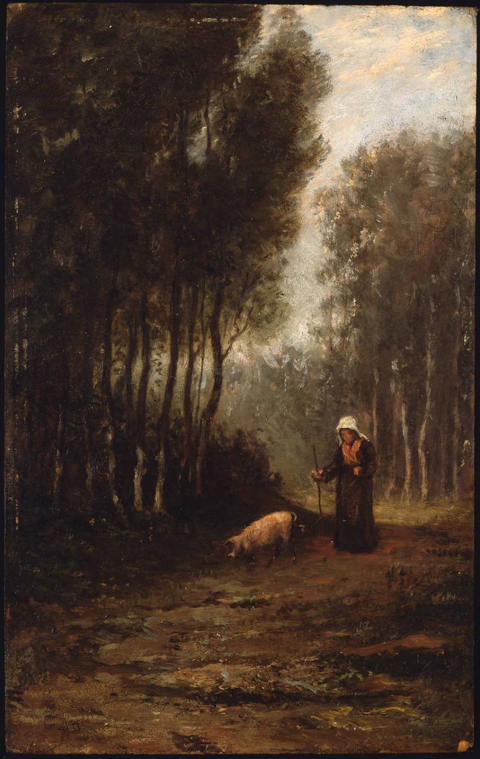 French Peasant Woman with Pig, vintage artwork by William Morris Hunt, 12x8" (A4) Poster