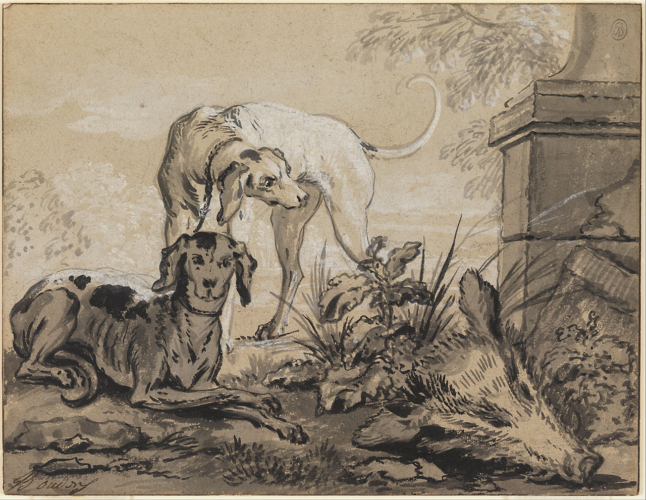 After the Hunt- Two Hounds beside a Boar's Head, vintage artwork by Jean-Baptiste Oudry, 12x8" (A4) Poster