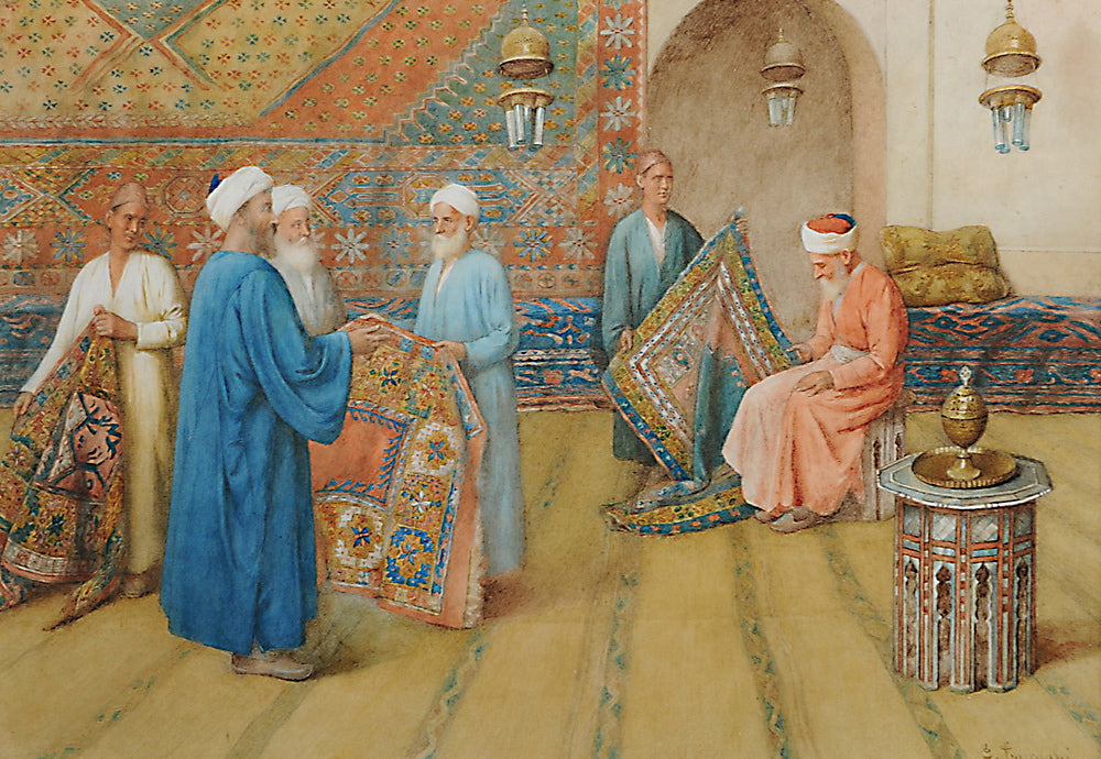 Carpet sellers, vintage artwork by Enrico Tarenghi, 12x8" (A4) Poster