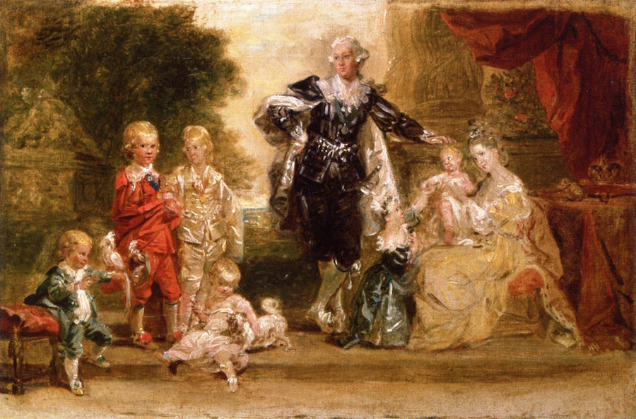 George III, Queen Charlotte and their Six Eldest Children (oil sketch), vintage artwork by Johann Zoffany, 12x8" (A4) Poster