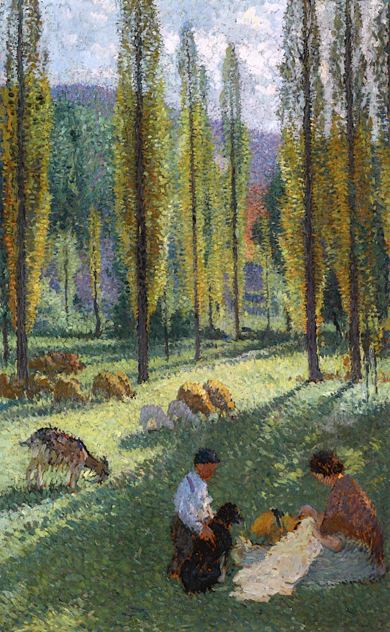 Bergère cousant à l'ombre des Peupliers dans une prairie avec un garçon et un chien, vintage artwork by Henri Martin, 12x8" (A4) Poster