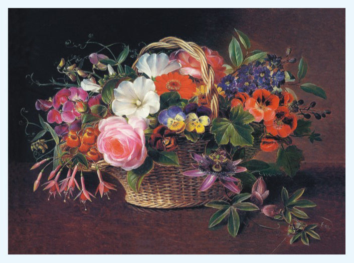Pansies, fuchsias, convolvulus, a rose and other flowers in a wicker basket, vintage artwork by Johan Laurentz (J.L.) Jensen, A3 (16x12") Poster Print