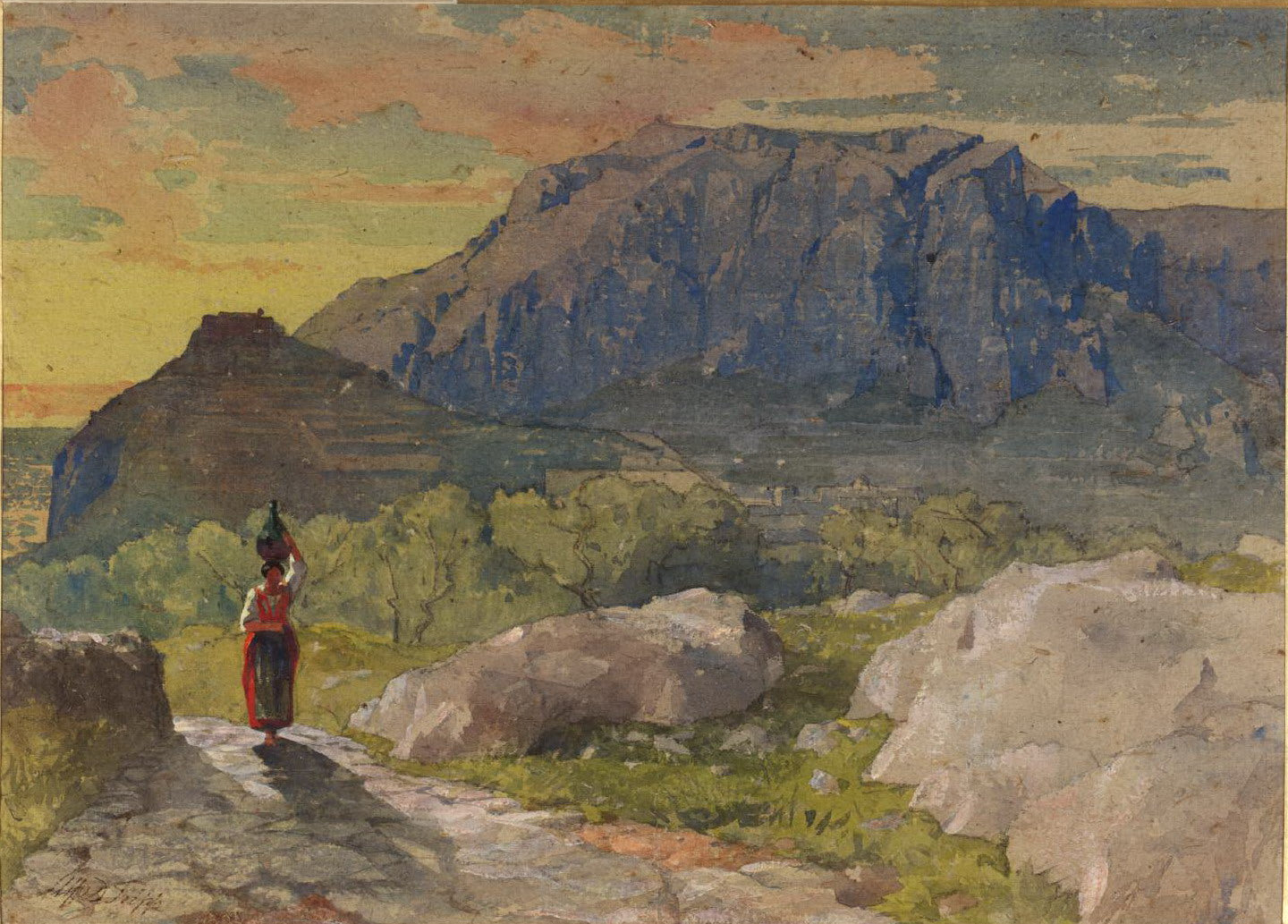 Capri; A Peasant Woman in a Mountainous Landscape, vintage artwork by Alfred Downing Fripp, A3 (16x12") Poster Print