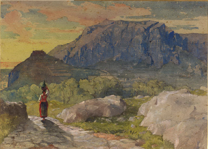 Capri; A Peasant Woman in a Mountainous Landscape, vintage artwork by Alfred Downing Fripp, A3 (16x12