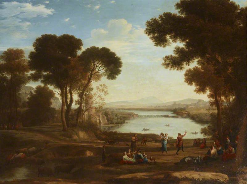 Landscape with Two Figures Dancing with Tambourines (The Mill) (after Claude Lorrain), vintage artwork by Attributed to Jakob Philipp Hackert, 12x8" (A4) Poster