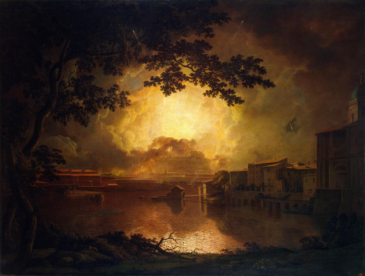Firework Display at the Castel Sant'Angelo, Rome (La Girandola), vintage artwork by Joseph Wright of Derby , 12x8" (A4) Poster