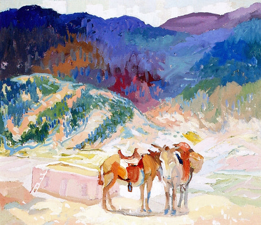 Two Pack Burros Waiting, vintage artwork by Albert Henry Krehbiel, 12x8" (A4) Poster