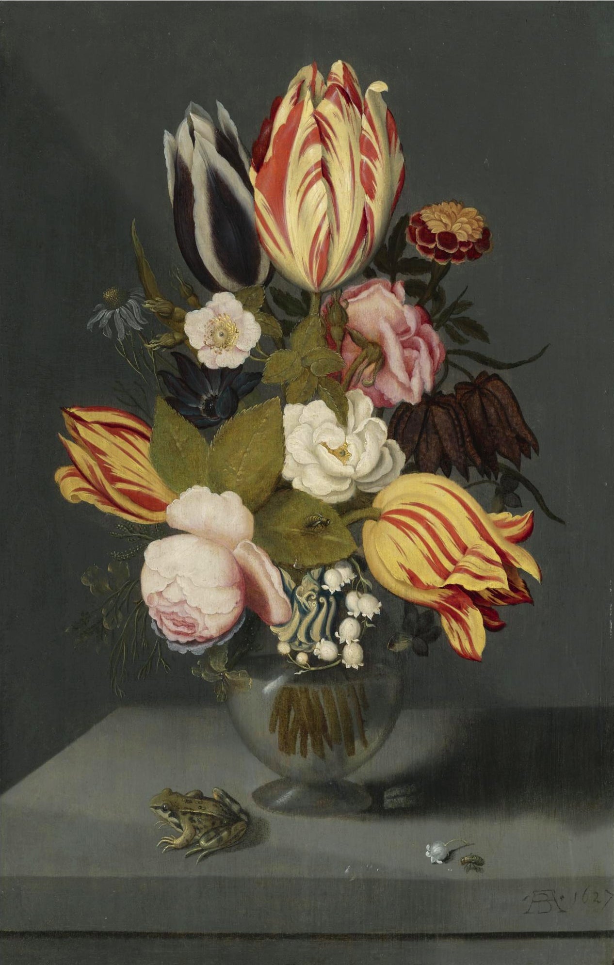 Still Life with Variegated Tulips, Pink and White Roses, etc. in a Globose Vase, vintage artwork by Ambrosius Bosschaert the Younger, 12x8" (A4) Poster