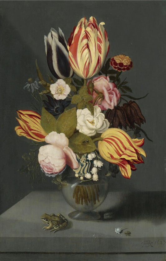 Still Life with Variegated Tulips, Pink and White Roses, etc. in a Globose Vase, vintage artwork by Ambrosius Bosschaert the Younger, 12x8" (A4) Poster
