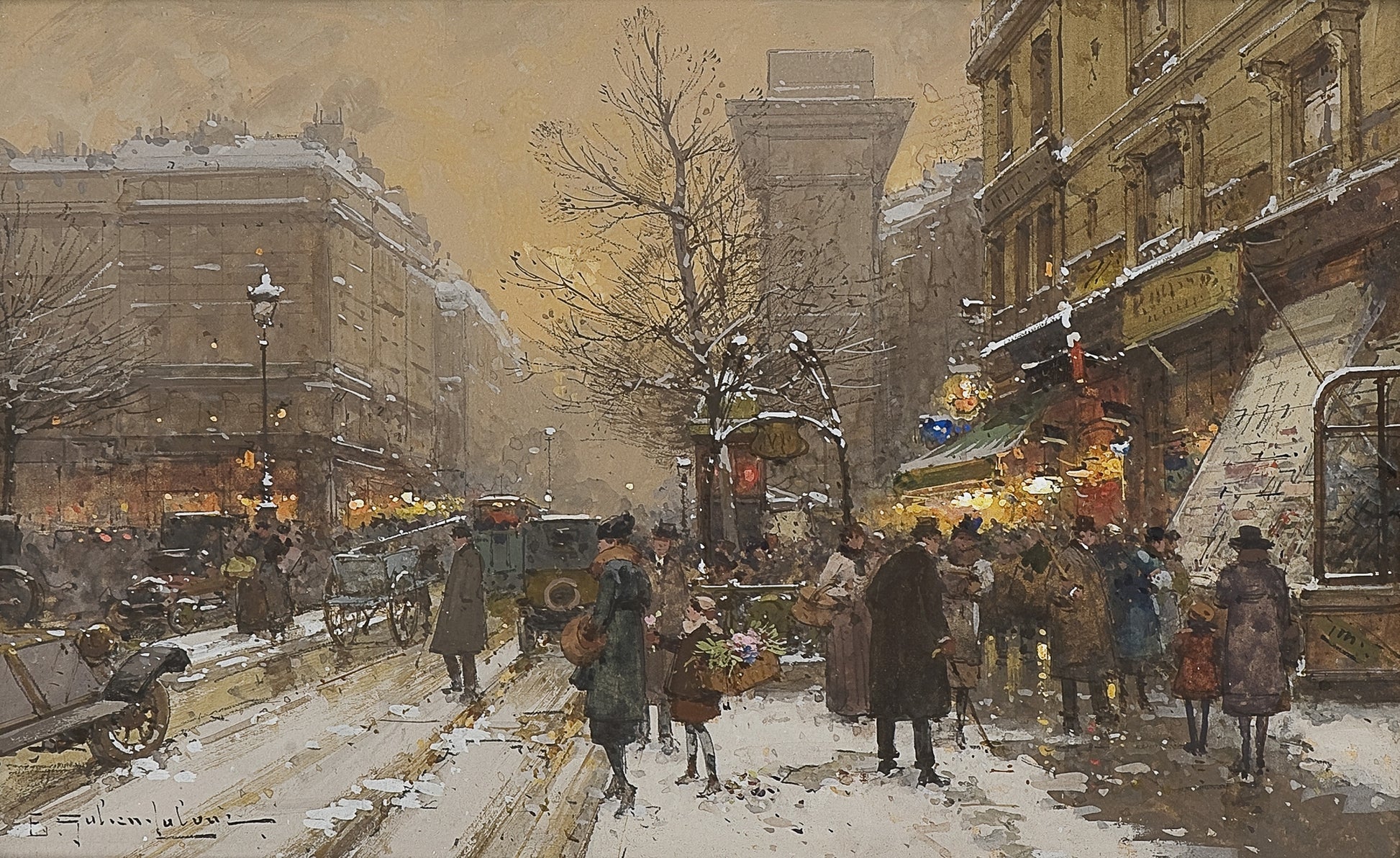 Boulevard in Paris, vintage artwork by Eugene Galien-Laloue, 12x8" (A4) Poster